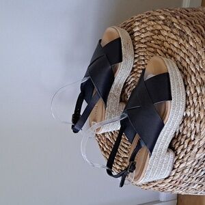 Soludos Womens Black Leather Cross Strap 3" Platform Espadrille Sandals‎ S-8